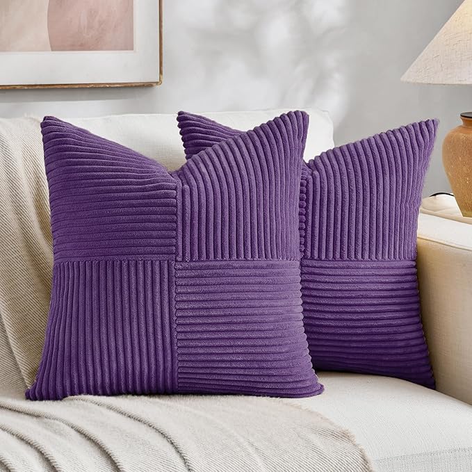 Fancy Homi 2 Packs Purple Decorative Throw Pillow Covers 22x22 Inch for Living Room Couch Bed, Farmhouse Boho Home Decor, Soft Corss Corduroy Patchwork Accent Square Cushion Case 55x55 cm