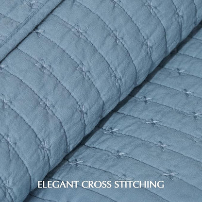 EVERGRACE x Kinsey Walsh Cross Stitch Pre-Washed Cotton Quilt Bedding Set King Size, Oversized 3 Pieces Lightweight Bedspread Coverlet for All Season, with 2 Matching Shams, Dusty Blue, 118"x106"