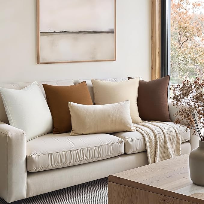 Decorative Throw Pillow Covers Neutral Brown Linen Flange Fall Farmhouse Throw Pillows for Couch Pack of 4 Rustic Cushion Covers for Couch LivingRoom Bed and Balcony Home Decor 20x20 Inch
