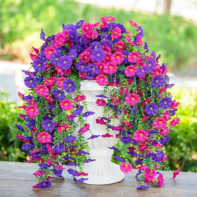 2PCS Artificial Hanging Flowers for Outdoor, Realistic Silk Morning Glory with Eucalyptus Vines, UV Resistant Faux Plants for Patio Balcony Garden Wall Home Decor Window Box Yard(Purplish Red)