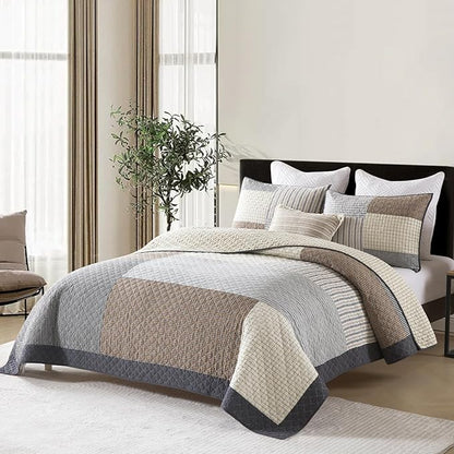 Quilts Queen Size - Queen Quilt Bedspread, 100% Cotton Patchwork Quilt Bedding Set for Queen Bed, 3 Pieces Plaid Farmhouse Reversible Rustic Lightweight Comforter Spread, Brown/Beige/Gray