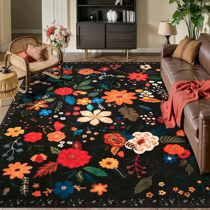 Tangsoo 5x7 Area Rug for Living Room Bedroom, Non Slip Machine Washable Boho Floral Rug, Low Pile Large Floor Carpet Indoor Mats for Kids Room, Farmhouse, Dining Room, Office(Black)