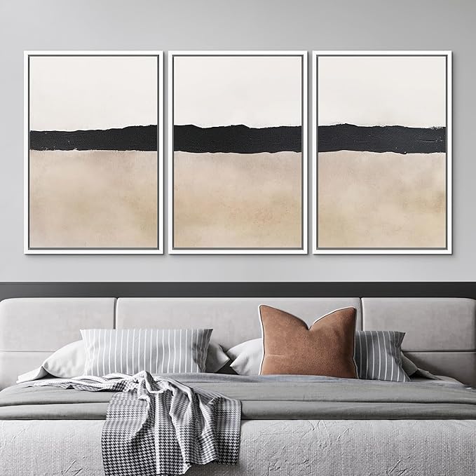 MUDECOR Framed Wall Art Print Set Minimalist Abstract Black Horizontal Brushstroke Illustrations Modern Art Boho Decorative Colorful Chic for Living Room, Bedroom, Office - 24"x36"x3 White