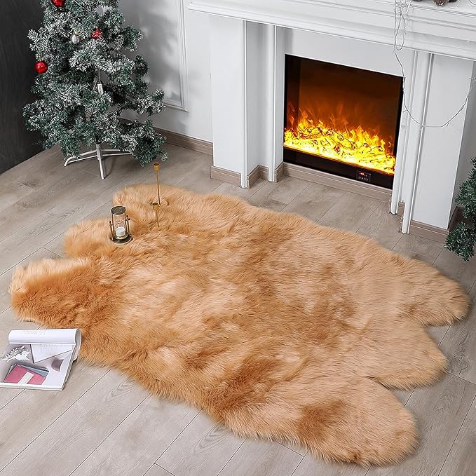 Faux Fur Rug Sheepskin Shag Fluffy Fuzzy Beige 4x6 ft Rugs for Bedroom Bedside Bed Floor Living Room Plush High-Density Cushion Carpet Super Sofa Cover