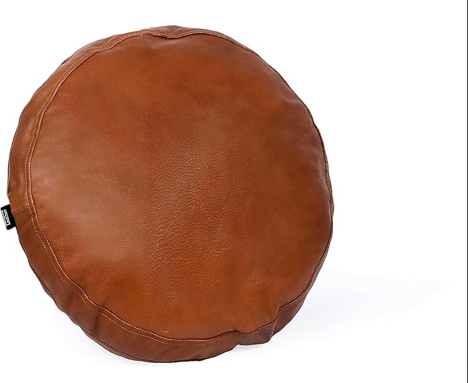 D DOLLY LAMB Lambskin Round Leather Pillow Cover - Sofa Cushion Case - Decorative Circular Cushion Throw Covers for Living Room & Bedroom - Tan Diameter 14 Inch