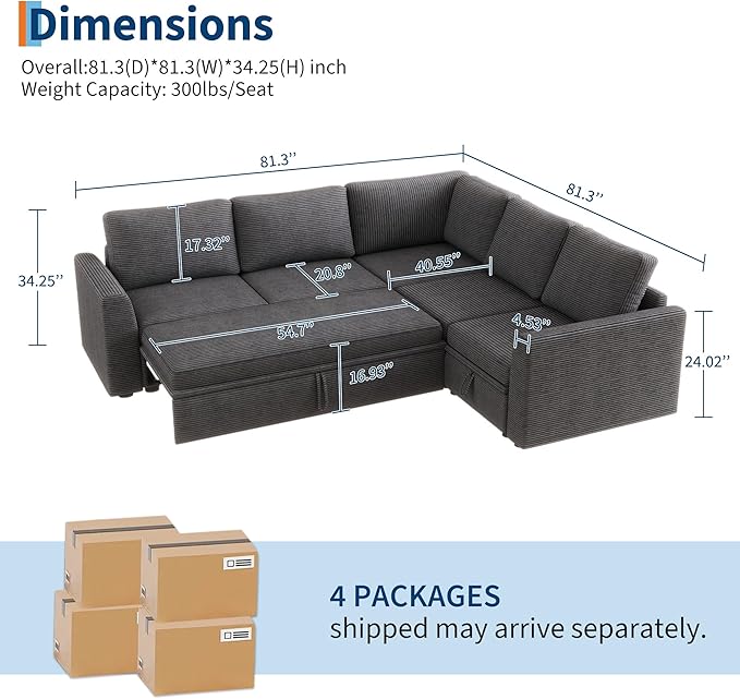 GarveeHome Sectional Sleeper Sofa with Pull Out Bed, Corduroy Modular Sectional Sofa L Shaped 5 Seat Couch with Pull Out Couch and Storage Seat, Convertible Sectional Couches for Living Room