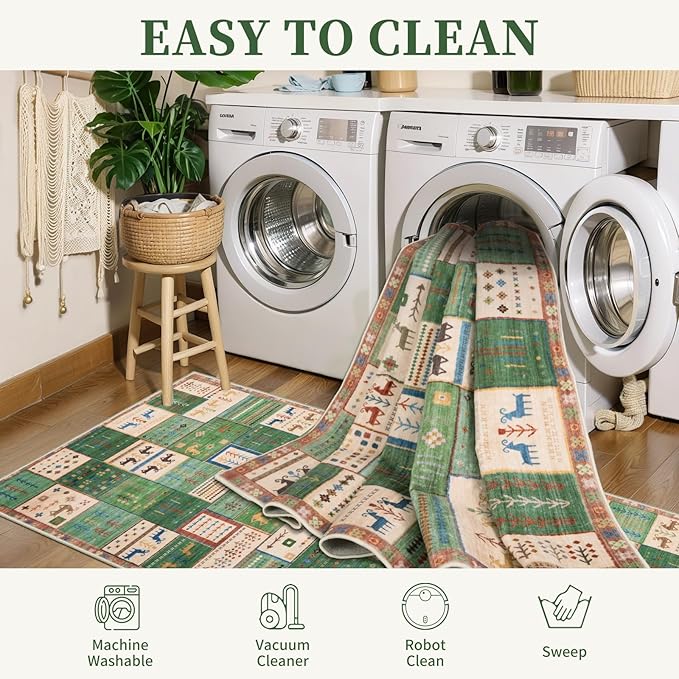 Tangsoo Washable Runner Rug Non Slip, 2x5 Vintage Runner Rug for Hallway, Soft Low Pile Tribal Carpet 2x5 Rug Runners for Kitchen Bathroom Laundry Bedroom Entrance Bedside (Green Beige)