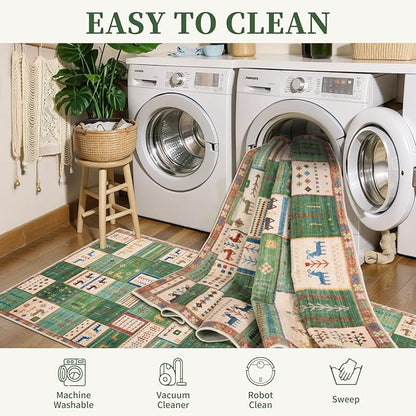 Tangsoo Washable Runner Rug Non Slip, 2x5 Vintage Runner Rug for Hallway, Soft Low Pile Tribal Carpet 2x5 Rug Runners for Kitchen Bathroom Laundry Bedroom Entrance Bedside (Green Beige)