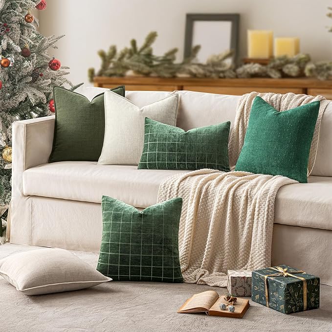 MIULEE Christmas Euro Sham Pillow Covers for Bed 24x24, 2 Pack Dark Green Thick & Textured Decorative Throw Pillow Covers, Neutral Linen Cushion Cases, Modern Farmhouse Home Decor, No Filling