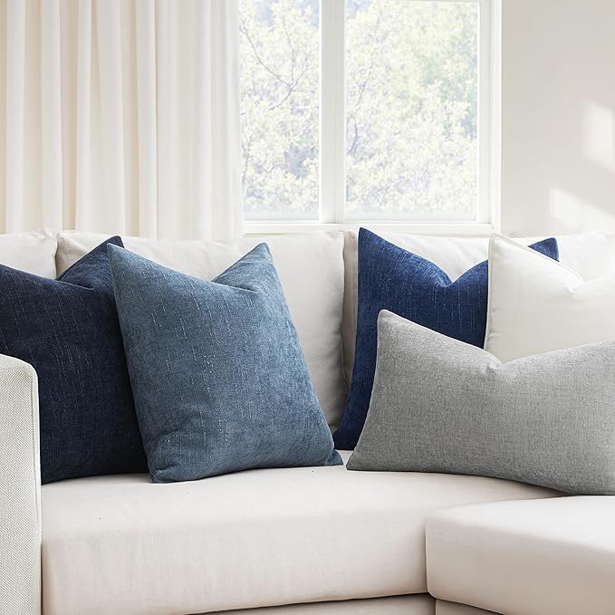 MIULEE Pack of 2 Decorative Throw Pillow Covers Soft Chenille Throw Pillows Solid Textured Cushion Covers for Couch Sofa Bedroom Living Room 20x20 Inch, Dark Blue