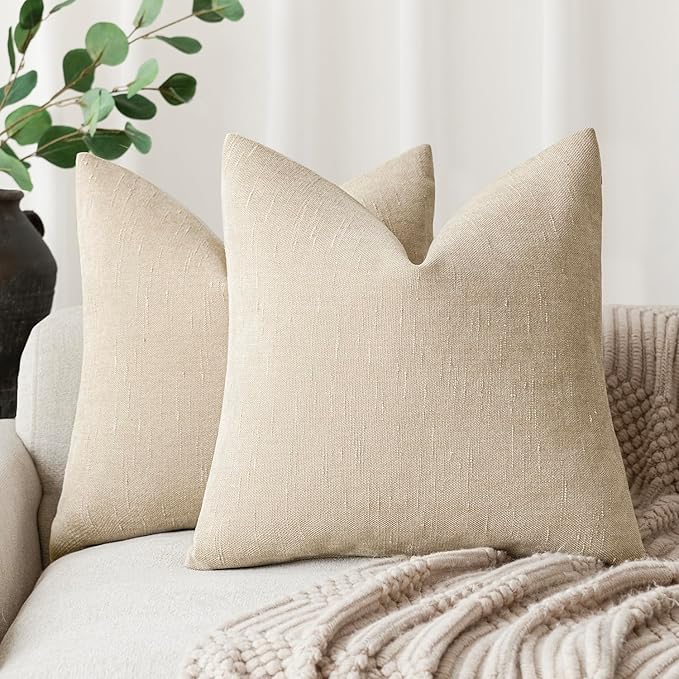 Foindtower Pack of 2 Soft Textured Chenille Throw Decorative Pillow Covers Square Accent Solid Cushion Cover Cozy Neutral Farmhouse Pillow Case for Couch Sofa Bedroom Living Room 16x16 Inch, Beige