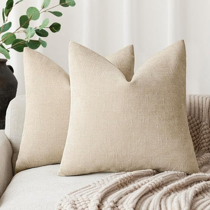 Foindtower Pack of 2 Soft Textured Chenille Throw Decorative Pillow Covers Square Accent Solid Cushion Cover Cozy Neutral Farmhouse Pillow Case for Couch Sofa Bedroom Living Room 16x16 Inch, Beige