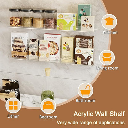 24'' Clear Acrylic Wall Long Shelf 2 Pack, Acrylic Floating Book Shelves, Wall Mounting Invisible Ledge Book Shelf