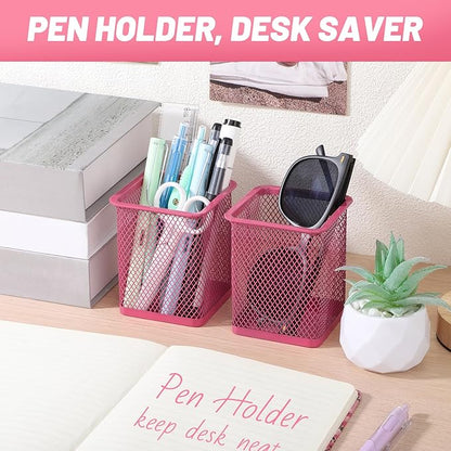 Segarty Pen Cup Holder, 3 Pack Square Dark Pink Pen Holder for Desk, Cute Mesh Pencil Cups Container Set for Office Supply, School Classroom, Home Desktop Storgae and Organization, Brushes Organizer