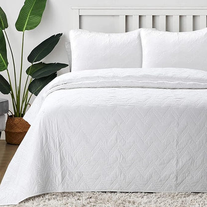 Cozy Line Home Fashions 100% Cotton Geometric Modern Zig Zag Stitch Solid White Quilt Bedding Set, Coverlet, Bedspread Lightweight for All Season (Chevron - White, Twin - 2 Piece)