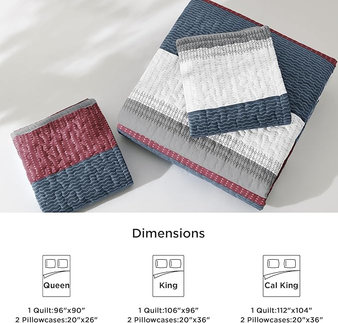 Litanika Quilt King Size Blue and Red, Stripe Patchwork Summer Bedspread Coverlet 3 Pieces, Soft Lightweight Microfiber Quilted Bedding Set for All Season(1 Quilt, 2 Pillowcases)