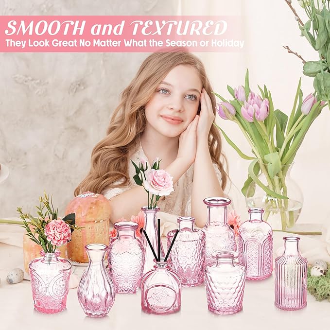 Inbagi Glass Vase Set, 20 Pcs Vintage Flower Vases in Bulk, Different Shapes and Sizes, Pink, for Decorative Centerpieces, Rustic Home Christmas Decoration