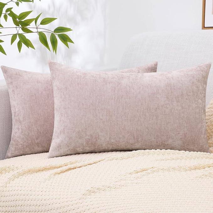 decorUhome Chenille Blush Pink Spring Throw Pillow Covers 12x20 Inch Set of 2, Decorative Soft Couch Pillow Covers Solid Dyed Accent Farmhouse Neutral Rectangle Pillow Cases for Sofa