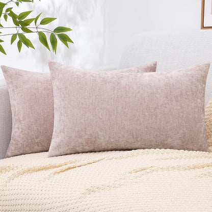 decorUhome Chenille Blush Pink Spring Throw Pillow Covers 12x20 Inch Set of 2, Decorative Soft Couch Pillow Covers Solid Dyed Accent Farmhouse Neutral Rectangle Pillow Cases for Sofa