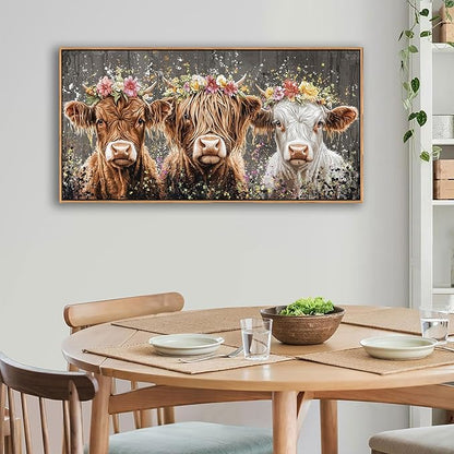 AJAZIKO Highland Cow Wall Art - Farmhouse & Rustic Country Wall Decor, Large Canvas Pictures for Living Room, Above Bed Artwork for Walls - Western Decorations 24×48IN