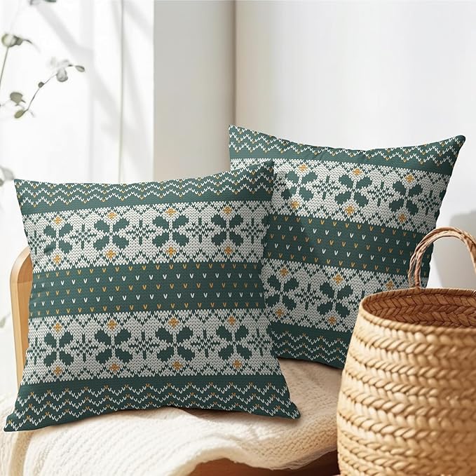 Dark Green Christmas Pillow Covers 22x22 Set of 2 Xmas Floral Pattern Rustic Decorative Outdoor Farmhouse Zipper Pillowcases Decorations Winter Holiday Throw Cushion Cover Decor for Couch Sofa Bed
