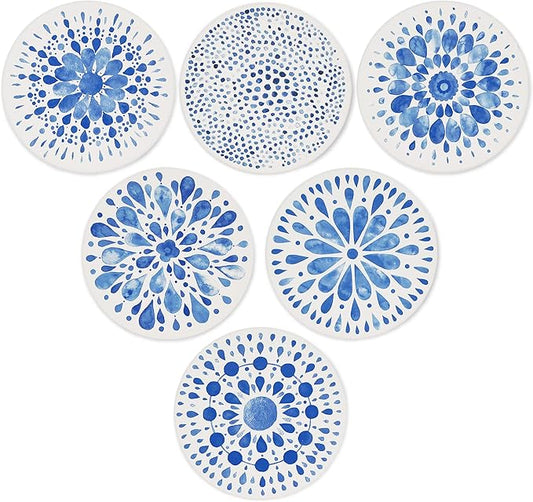 AD Set of 6 Coasters for Drinks Absorbing Round Ceramic Stone Coaster with Cork Base,Tabletop Protection Mat for Mugs and Cups,Office,Kitchen (Indigo Blue 2)