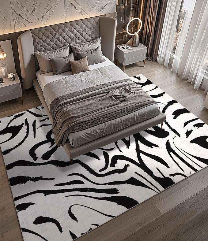 YIHOUSE Modern Area Rugs for Living Room, 9x12 Washable Black and White Rug, Thin Abstract Geometric Striped Rug, Area Rug for Bedroom,Kitchen,Dining Room,Office