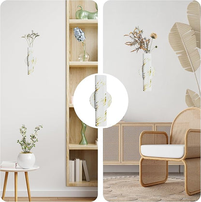 7" Wall-Mounted Flower Tube, Top/Bottom Open Vase Tube, Wall Metal Flower Tube Decoration Holder for Flower Display with Sticker, 2pcs(White Gold)