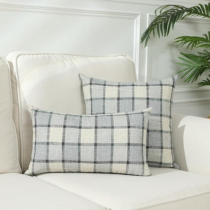 Stellhome Pack of 2 Linen Buffalo Check Throw Pillow Covers Farmhouse Plaid Cushion Cover Rustic Retro Decor for Bed Couch Sofa Bench, 16 x 16 Inch, Light Grey