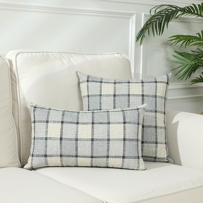 Stellhome Pack of 2 Lumbar Linen Buffalo Check Throw Pillow Covers Farmhouse Plaid Cushion Cover Rustic Retro Decor for Bed Couch Sofa Bench, 12 x 20 Inch, Light Grey