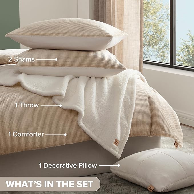 UGG Full/Queen Comforter Set 5 Piece Bed in a Bag with Throw Blanket, Decorative Pillow, Shams, Reversible Hypoallergenic Washable Luxury Warm Fluffy Bedding Set, Brown Birch (Remina)