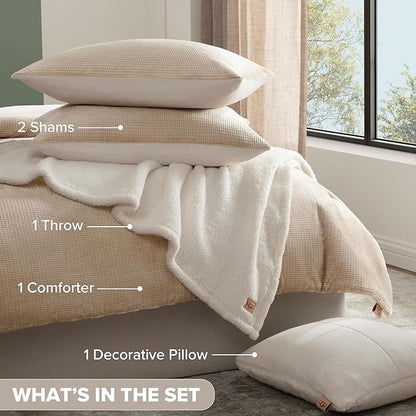 UGG Full/Queen Comforter Set 5 Piece Bed in a Bag with Throw Blanket, Decorative Pillow, Shams, Reversible Hypoallergenic Washable Luxury Warm Fluffy Bedding Set, Brown Birch (Remina)
