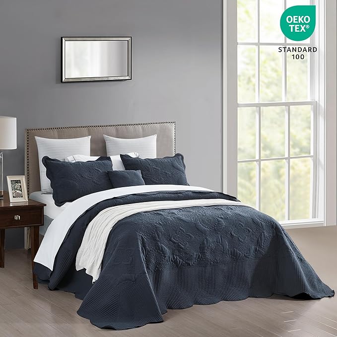 HZ & HY Oversized King Bedspread, Quilted Coverlet Bedding Set, Lightweight Thin Comforter, Reversible, 5 Piece, 100% Microfiber, Polar Night