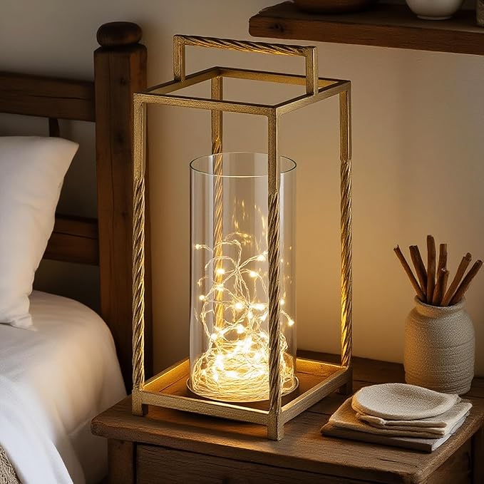 16" Modern Metal Lantern with Twisted Rope-Style Frame in Antique Brass with Glass Hurricane for Pillars, String Light. Centerpiece, Mantel, Ambient Lighting, Farmhouse, Transitional, Patio, Entryway