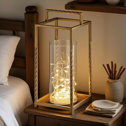 16" Modern Metal Lantern with Twisted Rope-Style Frame in Antique Brass with Glass Hurricane for Pillars, String Light. Centerpiece, Mantel, Ambient Lighting, Farmhouse, Transitional, Patio, Entryway