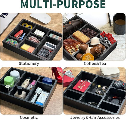 Desk Drawer Organizer Tray with 9 Adjustable Compartments, Wooden Office Desk Accessories Supplies Organization Storage for Desktop Bathroom Vanity Makeup Black