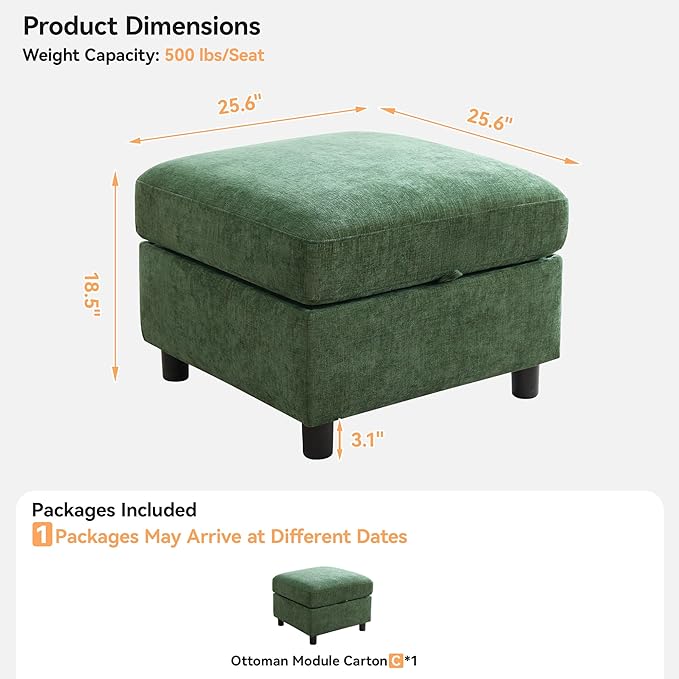 25”Square Storage Ottoman Module for Modular Sectional Sofa, Living Room Coffee Table Sectional Ottoman Footrest for Convertible Couch, Chenille Dark Green