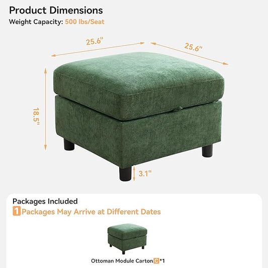 25”Square Storage Ottoman Module for Modular Sectional Sofa, Living Room Coffee Table Sectional Ottoman Footrest for Convertible Couch, Chenille Dark Green