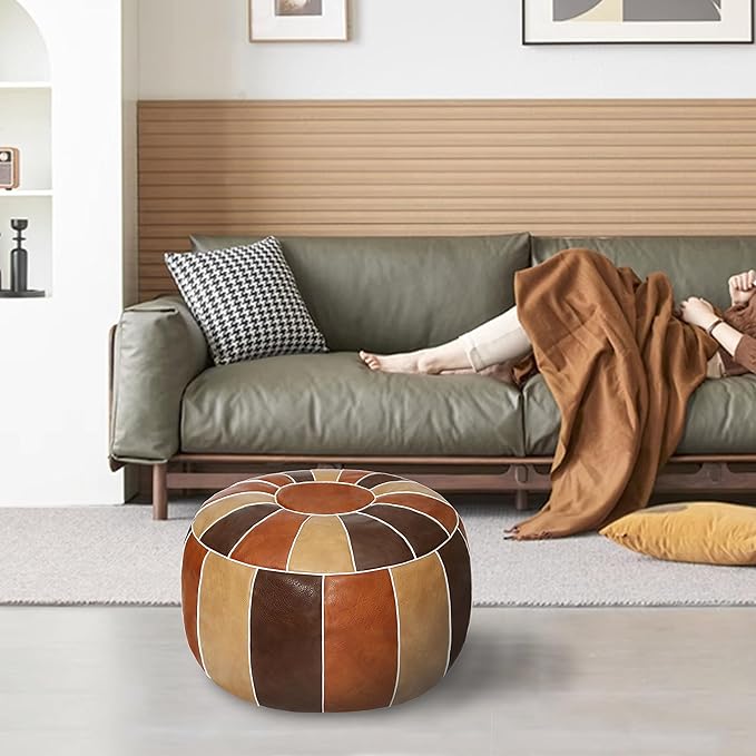 Thgonwid Unstuffed Moroccan Storage Pouf Foot Stool Ottoman Seat Handmade Faux Leather Bean Bag Floor Chair Foot Rest for Living Room, Bedroom or Balcony (Multi Color)