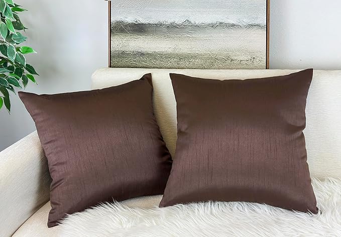 Aiking Home 18x18 Inches Faux Silk Square Throw Pillow Cover, Zipper Closure, Brown (Set of 2)