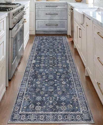 Tangsoo Washable Runner Rug for Hallway Non Slip, 2x5 Boho Floral Vintage Carpet Runner Rugs for Entryway, Floor Soft Low Pile Runners for Kitchen Bathroom Laundry Bedroom Alfombra Blue Farmhouse