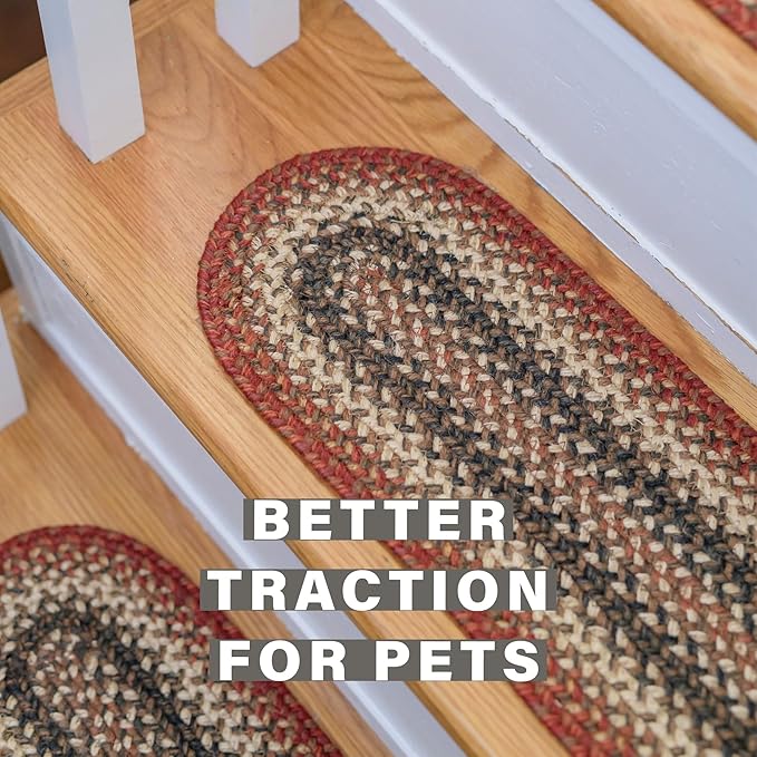 Homespice Chester Jute Braided Staircase Step Treads, Country Lodge Decor, Set of 13, Red 8x28 Oval Rug for Stairs - Easy to Clean, Tightly Stitched and Durable