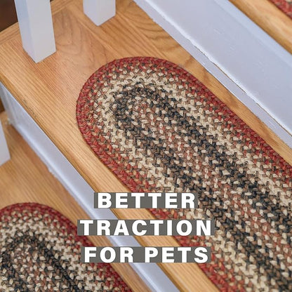 Homespice Chester Jute Braided Staircase Step Treads, Country Lodge Decor, Set of 13, Red 8x28 Oval Rug for Stairs - Easy to Clean, Tightly Stitched and Durable