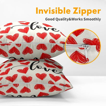 Valentines Day Pillow Covers 16x16 Set of 2 Red Heart Throw Pillow Covers Love Pillowcase Linen Decoration Farmhouse Holiday Cozy Soft Cushion Case Couch for Indoor Outdoor Home Decor