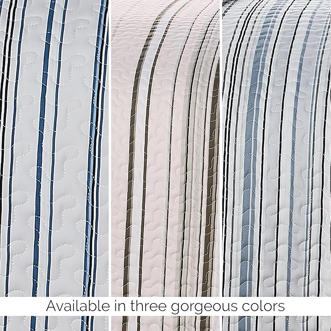 Southshore Fine Living, Inc. Twin/XL Quilt Bedding Set, Dorm Bedding Essentials, Stain Resistant, Machine Washable Striped Bedspread, Twin XL Comforter Set w/Pillow Sham, Blue Striped