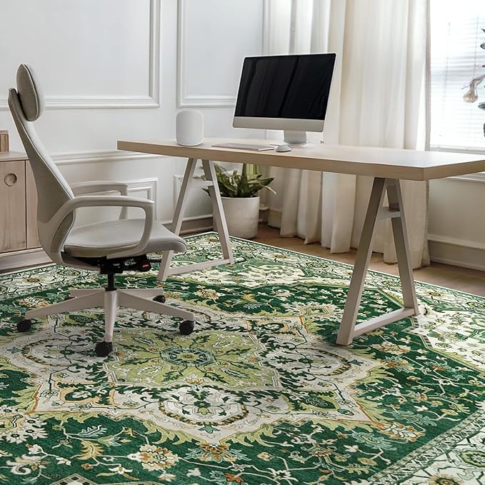 Area Rugs 5x7 - Machine Washable Vintage Oriental Soft Rug, Low Pile Thin Floor Carpet with Non Slip Backing for Living Room, Bedroom,Dorm, Kitchen, Indoor House, Office Rolling Chair