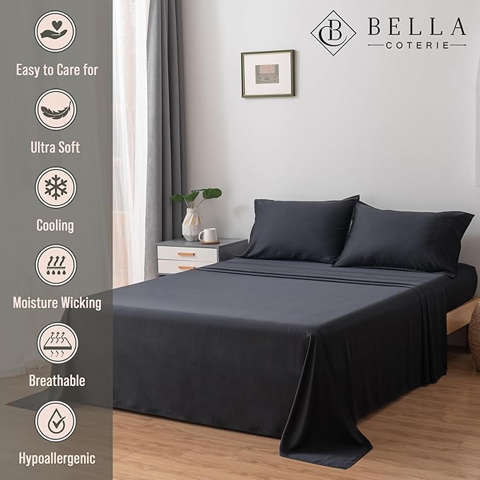 Bella Coterie Luxury Bamboo Viscose 34” Split Top King Size Sheet Set | 1 Fitted Sheet for Sleep Number & Adjustable Beds | 100% Organically Grown | Cooling & Soft | 18” Deep Pocket [Black]