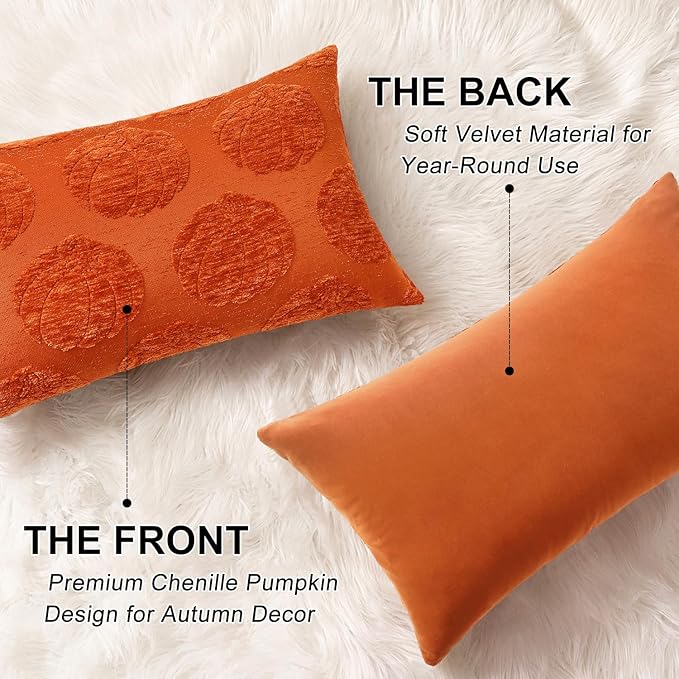 decorUhome Decorative Rust Pumpkin Thanksgiving Throw Pillow Covers 12x20 Set of 2, Soft Chenille Jacquard Farmhouse Textured Pillow Covers for Couch Bed Sofa Autumn Harvest Halloween Holiday
