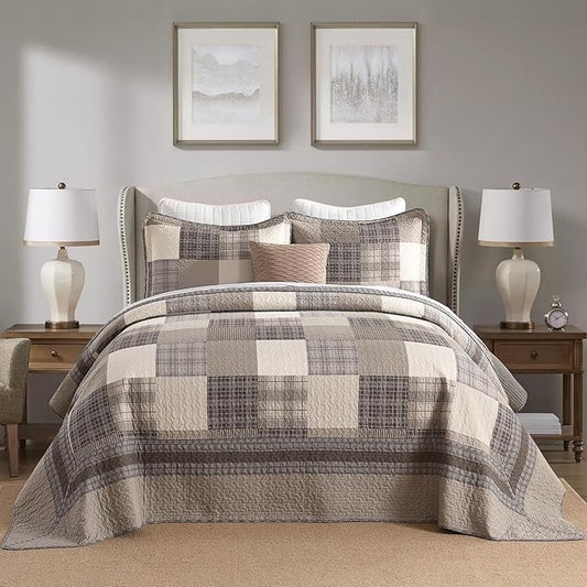 EWlinens 120"x102" Oversized Queen Bedspread - 100% Cotton Lightweight Queen Bedspreads Coverlet Set, Farmhouse Patchwork Plaid Reversible Quilts Bedding Set with 2 Pillow Shams, Brown/Beige/Khaki