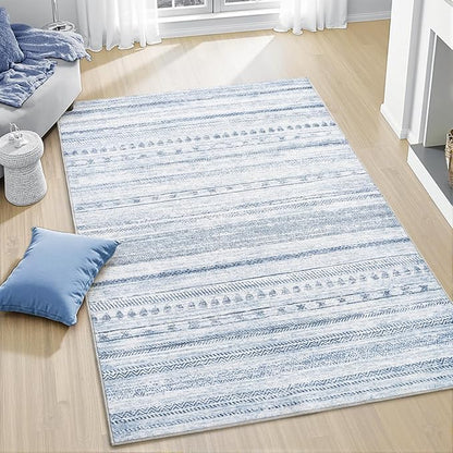 3x5 Area Rug Machine Washable Non Slip Rug Distressed Neutral Moroccan Boho Rug Ultra Soft Indoor Rugs for Bedroom Living Room Entryway Kitchen Foyer Bedside, Blue